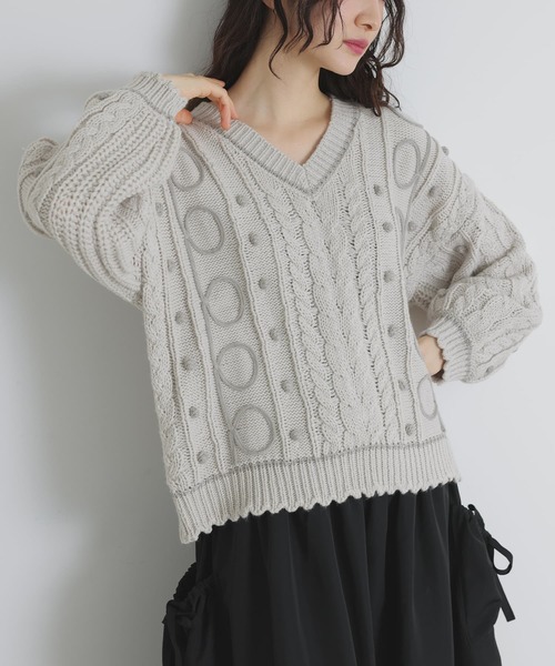 somari imagination（ソマリ イマジネーション）の「『ライン配色ケーブルニット』（ニット/セーター・レディース・ネイビー/ライトグレー・FREE）」の3枚目の写真