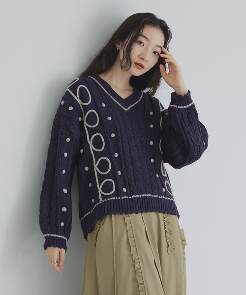 somari imagination（ソマリ イマジネーション）の「『ライン配色ケーブルニット』（ニット/セーター・レディース・ネイビー/ライトグレー・FREE）」の4枚目の写真