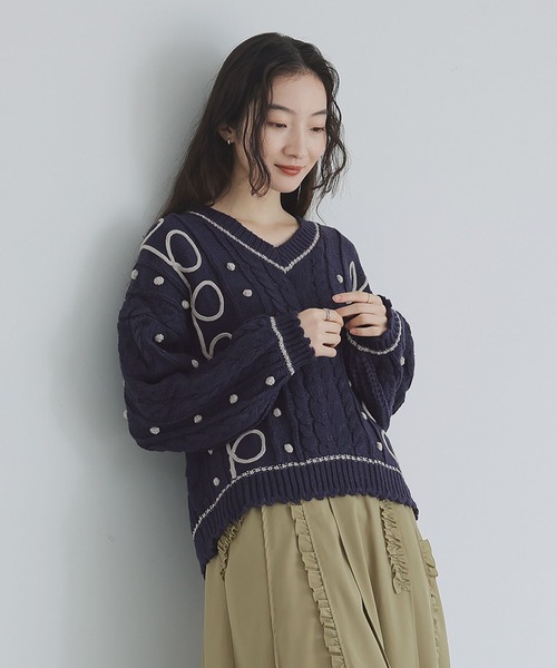 somari imagination（ソマリ イマジネーション）の「『ライン配色ケーブルニット』（ニット/セーター・レディース・ネイビー/ライトグレー・FREE）」の5枚目の写真