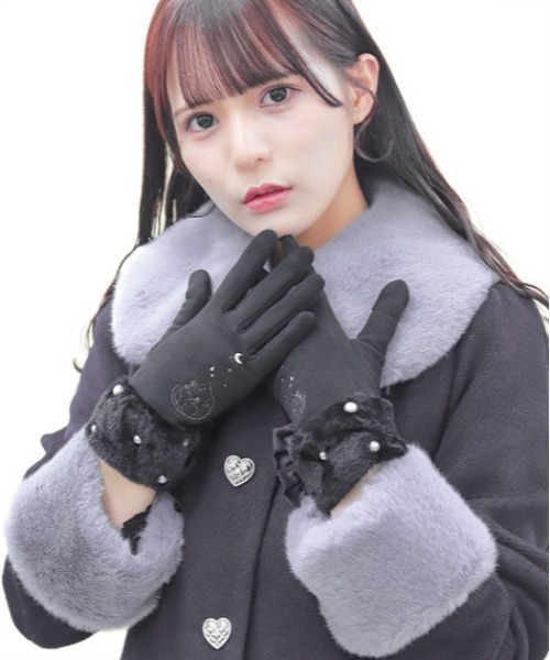 axes femme POETIQUE（アクシーズファムポエティック）の「猫刺繍手袋（手袋・レディース・ワイン/ブラック・FREE）」の2枚目の写真