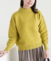 パールタートルネック柄編みニットプルオーバー