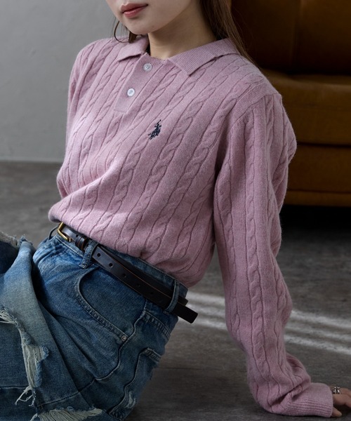 U.S. POLO ASSN.（ユーエスポロアッスン）の「ap retro別注【U.S. POLO ASSN./ユーエスポロアッスン】ワンポイントケーブルニットポロ（ニット/セーター・レディース・グレー/ライトピンク/ブラック/アイボリー/ベージュ/グリーン・L/M）」の6枚目の写真