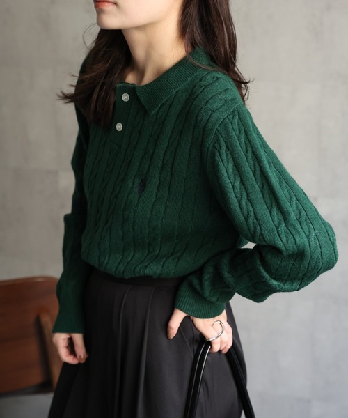 U.S. POLO ASSN.（ユーエスポロアッスン）の「ap retro別注【U.S. POLO ASSN./ユーエスポロアッスン】ワンポイントケーブルニットポロ（ニット/セーター・レディース・グレー/ライトピンク/ブラック/アイボリー/ベージュ/グリーン・L/M）」の5枚目の写真