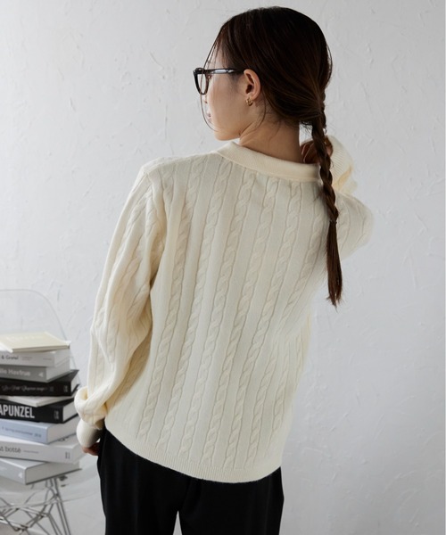 U.S. POLO ASSN.（ユーエスポロアッスン）の「ap retro別注【U.S. POLO ASSN./ユーエスポロアッスン】ワンポイントケーブルニットポロ（ニット/セーター・レディース・グレー/ライトピンク/ブラック/アイボリー/ベージュ/グリーン・L/M）」の7枚目の写真