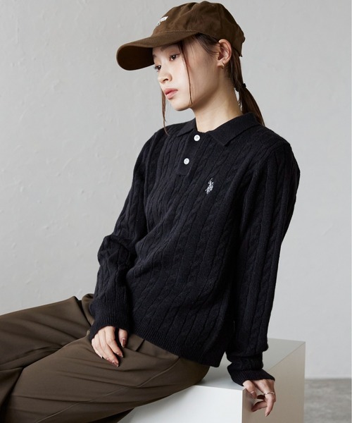 ニット セーター ap retro別注「U.S. POLO ASSN./ユーエスポロアッスン」ワンポイントケーブルニットポロ レディース U.S. POLO ASSN. ニット セーター ap retro別注「U.S. ASSN