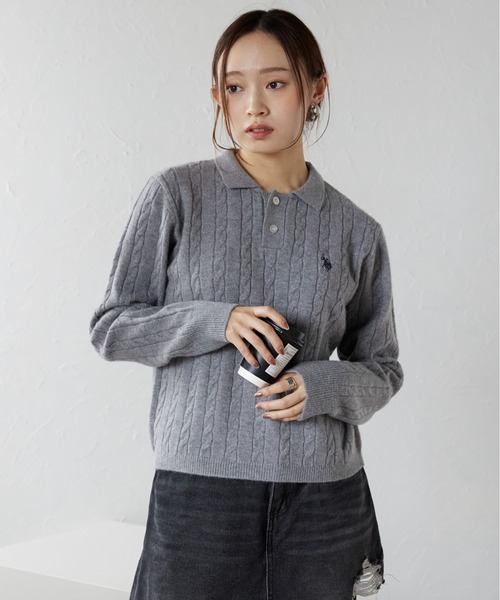 ニット セーター ap retro別注「U.S. POLO ASSN./ユーエスポロアッスン」ワンポイントケーブルニットポロ レディース U.S. POLO ASSN. ニット セーター ap retro別注「U.S. ASSN