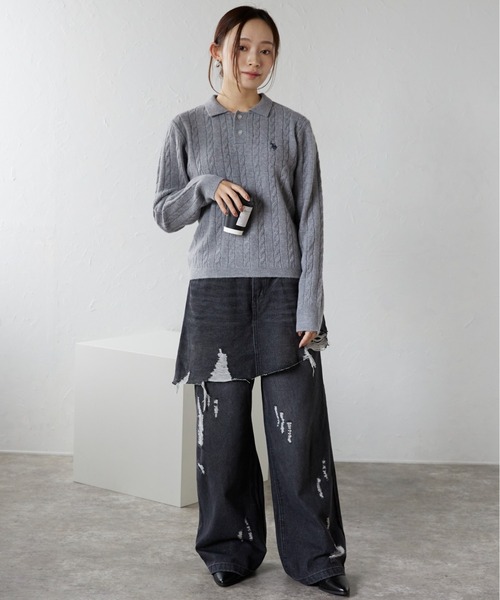 U.S. POLO ASSN.（ユーエスポロアッスン）の「ap retro別注【U.S. POLO ASSN./ユーエスポロアッスン】ワンポイントケーブルニットポロ（ニット/セーター・レディース・グレー/ライトピンク/ブラック/アイボリー/ベージュ/グリーン・L/M）」の20枚目の写真