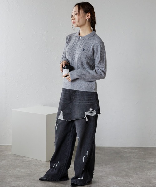 U.S. POLO ASSN.（ユーエスポロアッスン）の「ap retro別注【U.S. POLO ASSN./ユーエスポロアッスン】ワンポイントケーブルニットポロ（ニット/セーター・レディース・グレー/ライトピンク/ブラック/アイボリー/ベージュ/グリーン・L/M）」の21枚目の写真