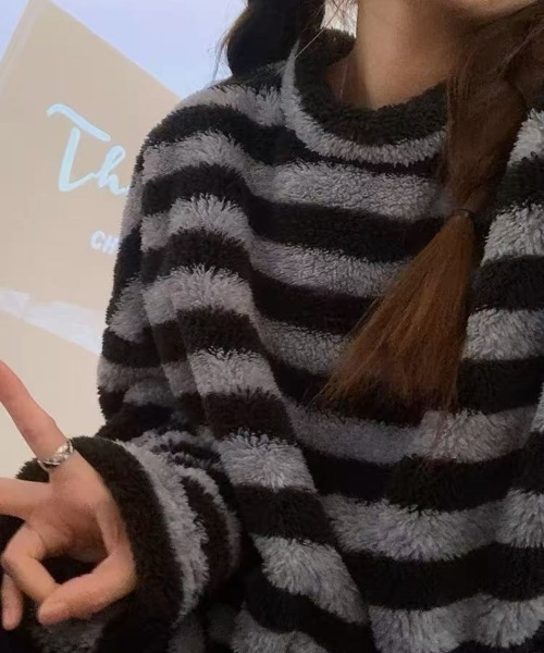 おしゃれスタ(オシャレスタ)の「もこもこシンプルボーダールームウェア 上下セット(ルームウェア/パジャマ・レディース・ブラック/グレー・M/L/XL/XXL)」の3枚目の写真