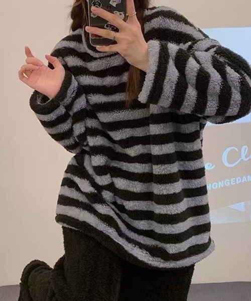 おしゃれスタ(オシャレスタ)の「もこもこシンプルボーダールームウェア 上下セット(ルームウェア/パジャマ・レディース・ブラック/グレー・M/L/XL/XXL)」の5枚目の写真