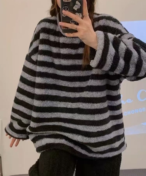 おしゃれスタ(オシャレスタ)の「もこもこシンプルボーダールームウェア 上下セット(ルームウェア/パジャマ・レディース・ブラック/グレー・M/L/XL/XXL)」の6枚目の写真