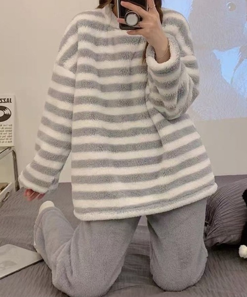 おしゃれスタ(オシャレスタ)の「もこもこシンプルボーダールームウェア 上下セット(ルームウェア/パジャマ・レディース・ブラック/グレー・M/L/XL/XXL)」の11枚目の写真