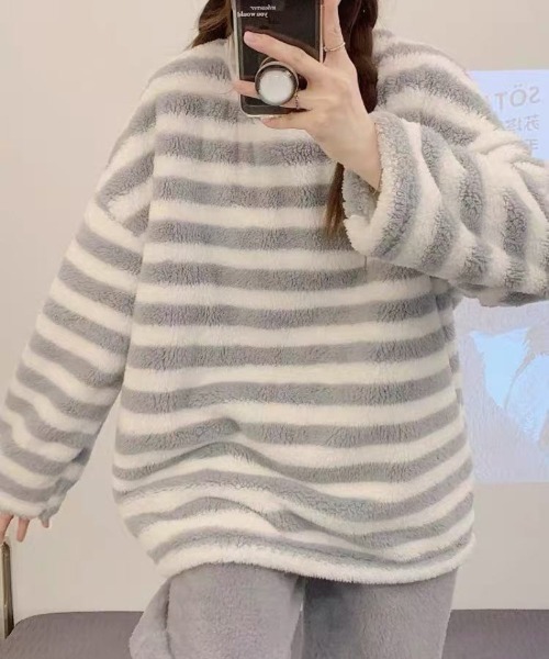 おしゃれスタ(オシャレスタ)の「もこもこシンプルボーダールームウェア 上下セット(ルームウェア/パジャマ・レディース・ブラック/グレー・M/L/XL/XXL)」の13枚目の写真