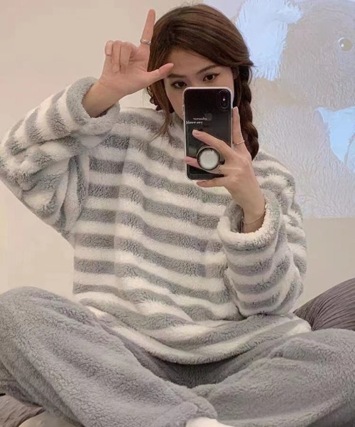 おしゃれスタ(オシャレスタ)の「もこもこシンプルボーダールームウェア 上下セット(ルームウェア/パジャマ・レディース・ブラック/グレー・M/L/XL/XXL)」の9枚目の写真