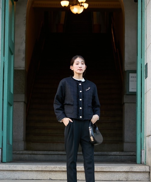 スーツ パンツ フォーマル 小さいサイズ レディース 入学式 卒業式 3点セット ドロップ ショルダー ツイード ジャケット ＋ 長袖 ブラウス ＋テーパード 低身長さん 小柄女性 Petitjo（プッチージョ）の「小さいサイズ 【入学式・卒業式