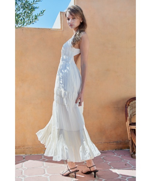 エステラケー　プリーツプリントドレス Sandra Floral-print long dress ショルダーリボンプリント