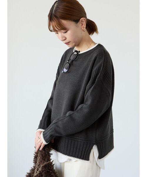 Lugnoncure（ルノンキュール）の「編地切替配色クルーネックニット（ニット/セーター・レディース・グレー/チャコールグレー/オフホワイト・F）」の2枚目の写真