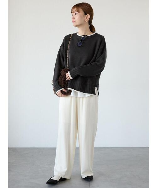 Lugnoncure（ルノンキュール）の「編地切替配色クルーネックニット（ニット/セーター・レディース・グレー/チャコールグレー/オフホワイト・F）」の4枚目の写真