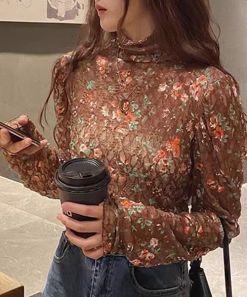 CELENA BEATS(セレナビーツ)の「花柄 メローシャーリング レース シアートップス(Tシャツ/カットソー・レディース・アイボリー/グリーン/ライトブルー/ネイビー/ブラウン/ピンク・FREE)」の1枚目の写真