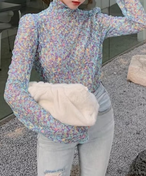 CELENA BEATS(セレナビーツ)の「花柄 メローシャーリング レース シアートップス(Tシャツ/カットソー・レディース・アイボリー/グリーン/ライトブルー/ネイビー/ブラウン/ピンク・FREE)」の22枚目の写真