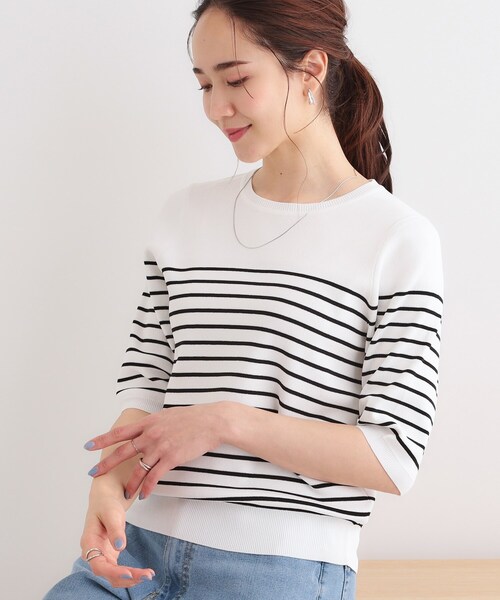 DRESKIP（ドレスキップ）の「【高レビュー/洗える/S-LL】季節の変わり目から活躍 多機能 5分袖ニット（ニット/セーター・レディース・ベージュ系2/ブラック/スモーキーグリーン系/オフホワイト/ブラック系2・01/02/03/04）」の4枚目の写真