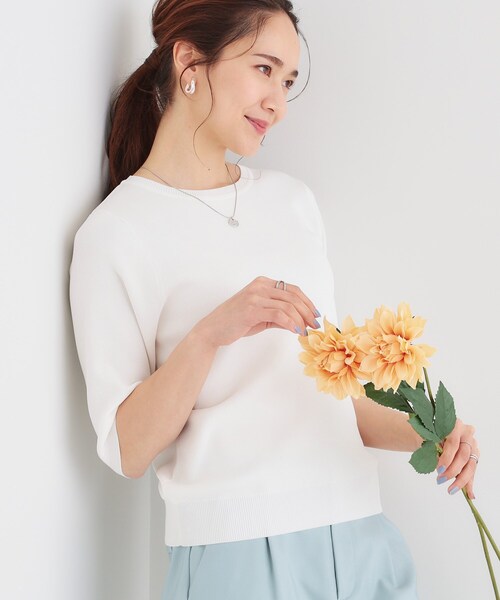 DRESKIP（ドレスキップ）の「【高レビュー/洗える/S-LL】季節の変わり目から活躍 多機能 5分袖ニット（ニット/セーター・レディース・ベージュ系2/ブラック/スモーキーグリーン系/オフホワイト/ブラック系2・01/02/03/04）」の2枚目の写真