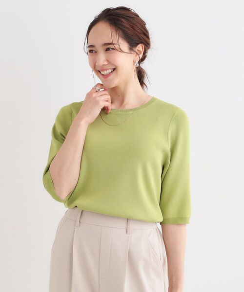 DRESKIP（ドレスキップ）の「【高レビュー/洗える/S-LL】季節の変わり目から活躍 多機能 5分袖ニット（ニット/セーター・レディース・ベージュ系2/ブラック/スモーキーグリーン系/オフホワイト/ブラック系2・01/02/03/04）」の10枚目の写真