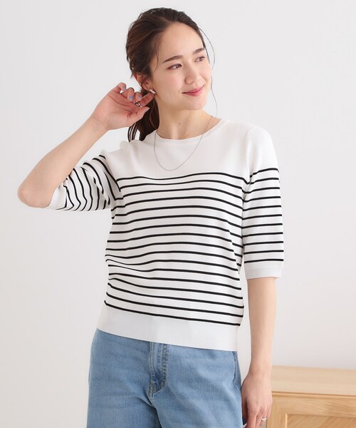 DRESKIP（ドレスキップ）の「【高レビュー/洗える/S-LL】季節の変わり目から活躍 多機能 5分袖ニット（ニット/セーター・レディース・ベージュ系2/ブラック/スモーキーグリーン系/オフホワイト/ブラック系2・01/02/03/04）」の14枚目の写真