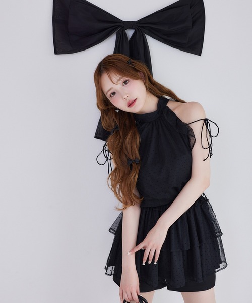 NICE CLAUP アメスリバックリボンミニワンピース 黒 ドット柄 新色追加！】アメスリバックリボンミニワンピース（ワンピース）｜one