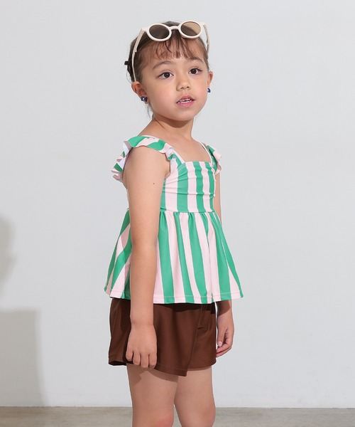 Ocean&Ground(オーシャン&グラウンド)の「【UVカット】フリルショルダーセットアップ水着(水着・キッズ・マルチ/パープル/オレンジ/ストライプ・80/90/100/110/120/130/140)」の1枚目の写真