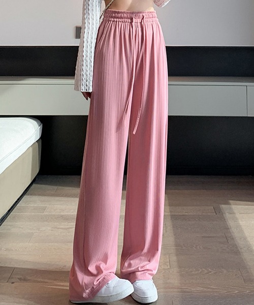 DAY CLOSET（デイ クローゼット）の「【接触冷感/UVカット率97%】レディース こなれ見せランダムリブイージーワイドパンツ（スウェットパンツ・レディース・グリーン/ピンク/グレー/ブラック・L/XL/S/M）」の4枚目の写真