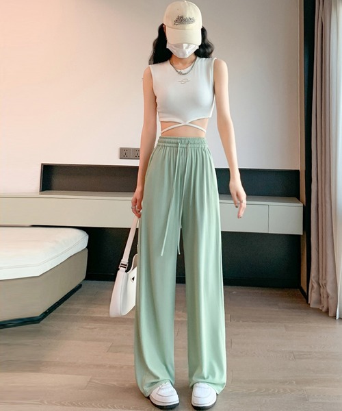 DAY CLOSET（デイ クローゼット）の「【接触冷感/UVカット率97%】レディース こなれ見せランダムリブイージーワイドパンツ（スウェットパンツ・レディース・グリーン/ピンク/グレー/ブラック・L/XL/S/M）」の11枚目の写真