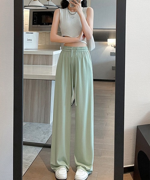 DAY CLOSET（デイ クローゼット）の「【接触冷感/UVカット率97%】レディース こなれ見せランダムリブイージーワイドパンツ（スウェットパンツ・レディース・グリーン/ピンク/グレー/ブラック・L/XL/S/M）」の12枚目の写真