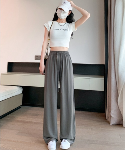 DAY CLOSET（デイ クローゼット）の「【接触冷感/UVカット率97%】レディース こなれ見せランダムリブイージーワイドパンツ（スウェットパンツ・レディース・グリーン/ピンク/グレー/ブラック・L/XL/S/M）」の9枚目の写真