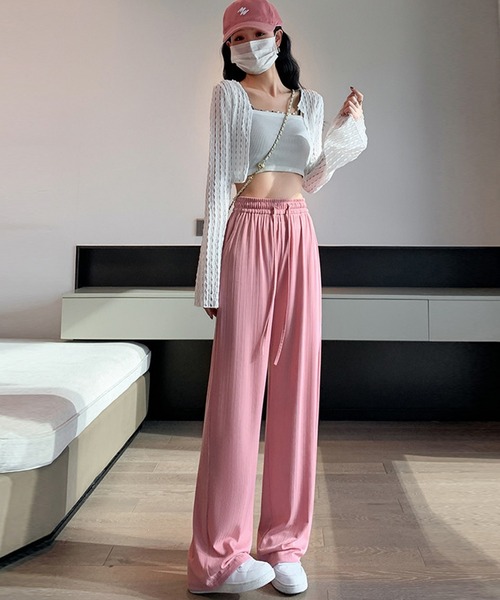 DAY CLOSET（デイ クローゼット）の「【接触冷感/UVカット率97%】レディース こなれ見せランダムリブイージーワイドパンツ（スウェットパンツ・レディース・グリーン/ピンク/グレー/ブラック・L/XL/S/M）」の15枚目の写真