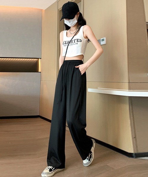 DAY CLOSET（デイ クローゼット）の「【接触冷感/UVカット率97%】レディース こなれ見せランダムリブイージーワイドパンツ（スウェットパンツ・レディース・グリーン/ピンク/グレー/ブラック・L/XL/S/M）」の7枚目の写真