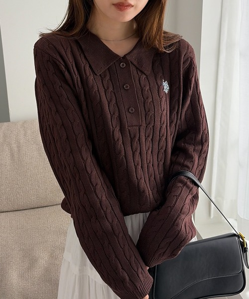 U.S. POLO ASSN.（ユーエスポロアッスン）の「［26AW新色追加］RANAN/solleim別注【U.S.POLO ASSN.】刺繍長袖ケーブルポロニット（ニット/セーター・レディース・アイボリー/ブラック/グレー/ネイビー/ブルー/ピンク/ボルドー/ブラウン・M/L/LL）」の4枚目の写真