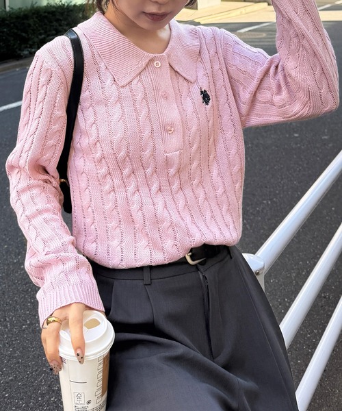 U.S. POLO ASSN.（ユーエスポロアッスン）の「［26SS新色追加］RANAN/solleim別注【U.S.POLO ASSN.】刺繍長袖ケーブルポロニット（ニット/セーター・レディース・アイボリー/ブラック/グレー/ネイビー/ブルー/ピンク・M/L/LL）」の6枚目の写真
