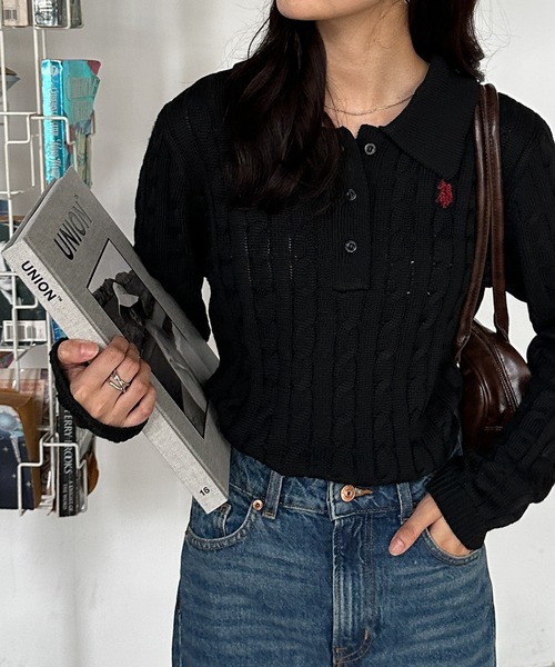 U.S. POLO ASSN.（ユーエスポロアッスン）の「［26SS新色追加］RANAN/solleim別注【U.S.POLO ASSN.】刺繍長袖ケーブルポロニット（ニット/セーター・レディース・アイボリー/ブラック/グレー/ネイビー/ブルー/ピンク・M/L/LL）」の7枚目の写真