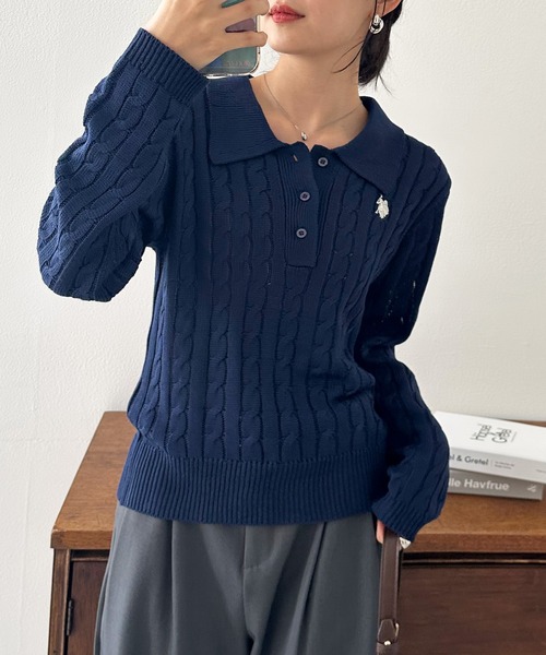 U.S. POLO ASSN.（ユーエスポロアッスン）の「［26SS新色追加］RANAN/solleim別注【U.S.POLO ASSN.】刺繍長袖ケーブルポロニット（ニット/セーター・レディース・アイボリー/ブラック/グレー/ネイビー/ブルー/ピンク・M/L/LL）」の13枚目の写真