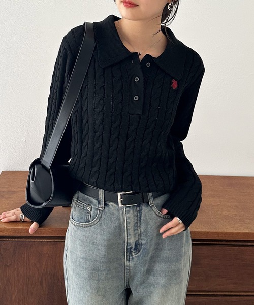 U.S. POLO ASSN.（ユーエスポロアッスン）の「［26SS新色追加］RANAN/solleim別注【U.S.POLO ASSN.】刺繍長袖ケーブルポロニット（ニット/セーター・レディース・アイボリー/ブラック/グレー/ネイビー/ブルー/ピンク・M/L/LL）」の14枚目の写真