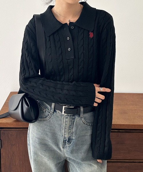 U.S. POLO ASSN.（ユーエスポロアッスン）の「［26SS新色追加］RANAN/solleim別注【U.S.POLO ASSN.】刺繍長袖ケーブルポロニット（ニット/セーター・レディース・アイボリー/ブラック/グレー/ネイビー/ブルー/ピンク・M/L/LL）」の15枚目の写真