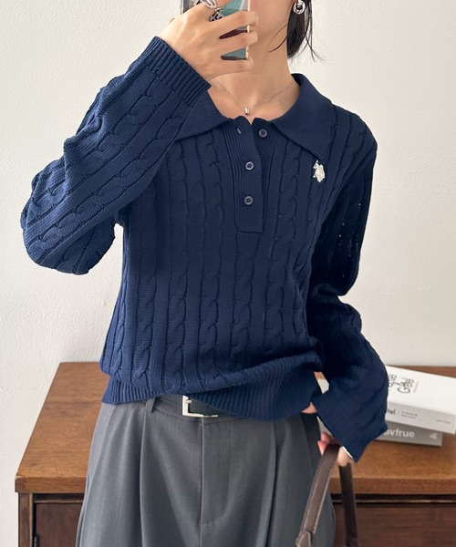 セール】RANAN/solleim別注【U.S.POLO ASSN.】刺繍長袖ケーブルポロ