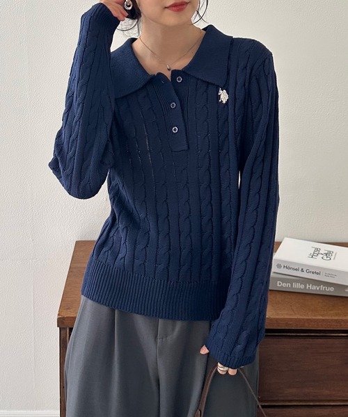 U.S. POLO ASSN.（ユーエスポロアッスン）の「［26SS新色追加］RANAN/solleim別注【U.S.POLO ASSN.】刺繍長袖ケーブルポロニット（ニット/セーター・レディース・アイボリー/ブラック/グレー/ネイビー/ブルー/ピンク・M/L/LL）」の9枚目の写真