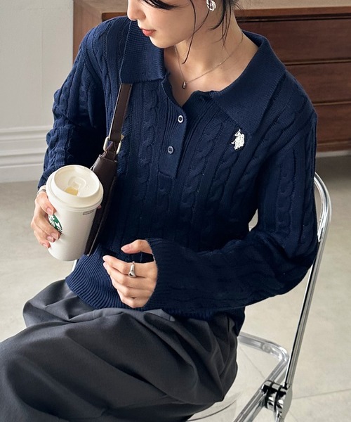 セール】RANAN/solleim別注【U.S.POLO ASSN.】刺繍長袖ケーブルポロ