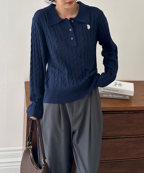 慈雨　ネイビー 長袖薄手ニットセーター サ―クル刺繍40 セール】RANAN/solleim別注【U.S.POLO ASSN.】刺繍長袖ケーブルポロ