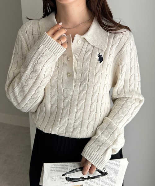 U.S. POLO ASSN.（ユーエスポロアッスン）の「［26SS新色追加］RANAN/solleim別注【U.S.POLO ASSN.】刺繍長袖ケーブルポロニット（ニット/セーター・レディース・アイボリー/ブラック/グレー/ネイビー/ブルー/ピンク・M/L/LL）」の20枚目の写真