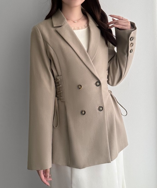 GINZA TAILOR　ウール　テーラードジャケット　総裏　Shahmina セール】両脇レースアップデザインテーラードジャケット