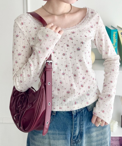 あ*ん様 レオナール✨カットソー トップス 花 トリム 蘭 半袖 ボートネック セール】小花柄ハイネックトップス（Tシャツ/カットソー