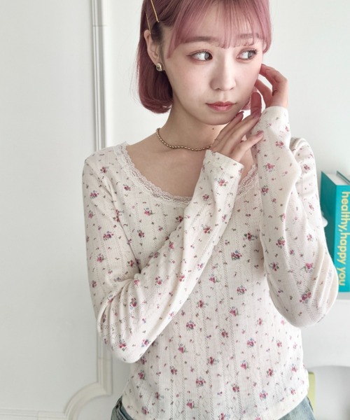 セール】レース付きフラワートップス（Tシャツ/カットソー